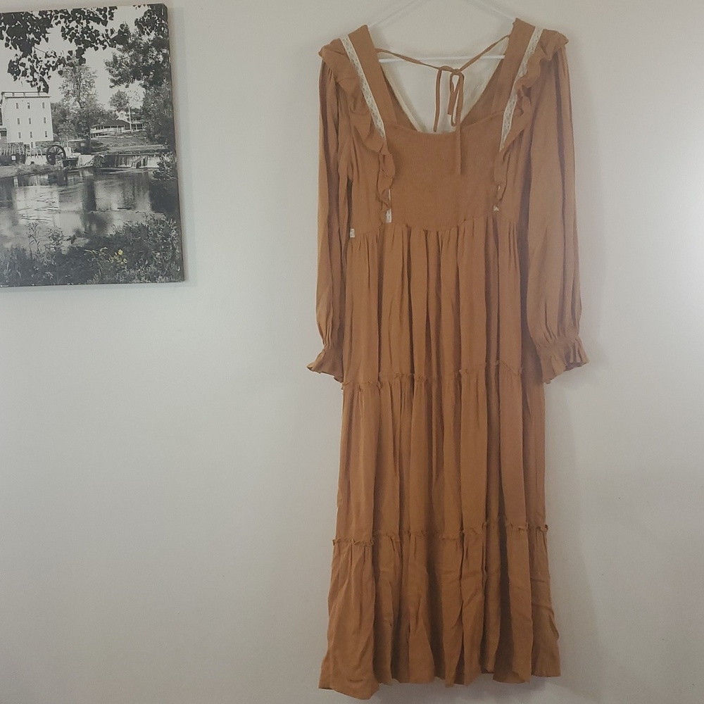 In Loom Tiered Lace Inset Ruffle Dress Size Large Midi BoHo Modest - Picture 11 of 15